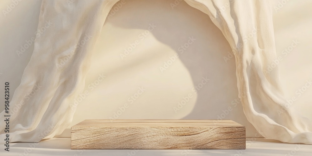 Poster Abstract 3D product display with a rustic wooden podium and a light colored background 3D rendering illustration