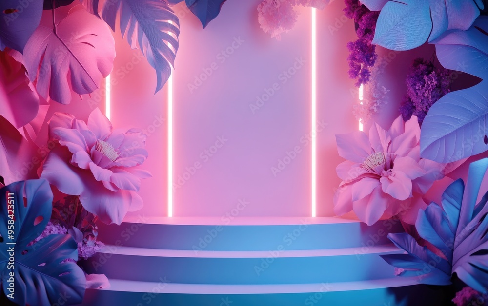 Poster Display backdrop for cosmetic product showcase Empty display 3D rendering floral paper
