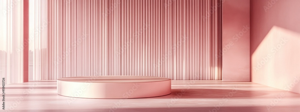 Aufkleber contemporary architectural backdrop pink space featuring a pedestal and display case 3d rendering