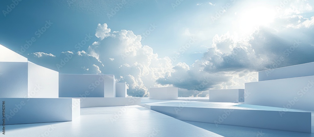 Poster surreal 3d render featuring minimal white architecture geometric shapes and an abstract design showc