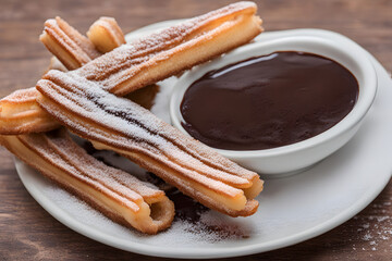 Mexican churros dusted with cinnamon sugar served with a side of thick warm chocolate sauce, AI Generated