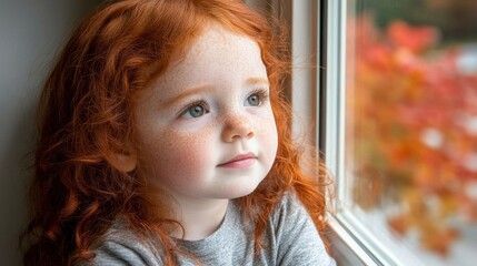 A little girl with red hair looking out a window