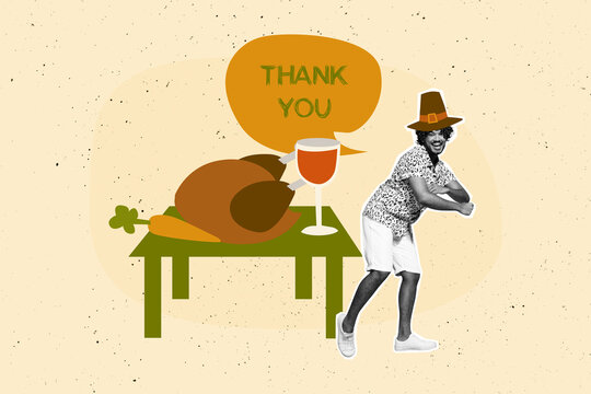 Composite photo collage of happy american man dance thanksgiving occasion roasted turkey pumpkin juice glass isolated on painted background - Powered by Adobe