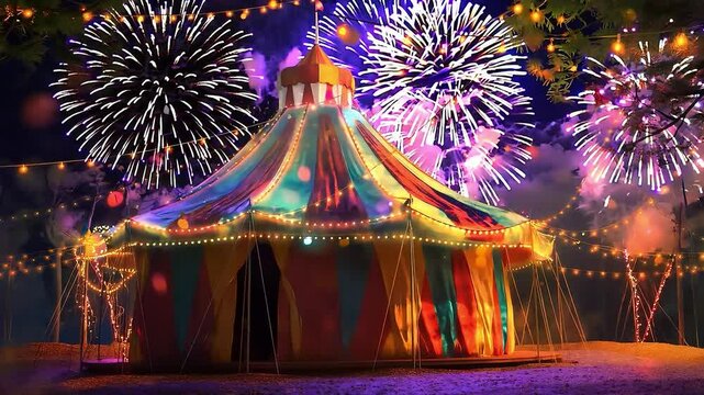 Circus christmas tent, with the lights strung across the top of the canopy around at night time and colorful firework on background	