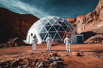 Three astronauts in white spacesuits are standing in front of a futuristic geodesic dome habitat on a red planet, possibly mars