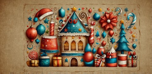 Obraz premium Merry Christmas banner of paper art holiday icons