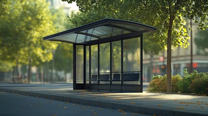 Fototapeta premium Modern bus stop with glass shelter surrounded by lush greenery, providing a comfortable waiting area for commuters.