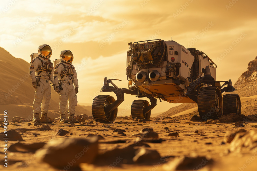 Wall mural two astronauts are standing on the surface of mars with their rover in the background