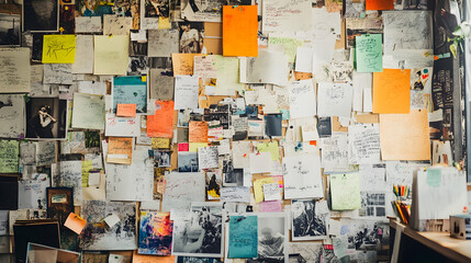 A bulletin board covered in colorful posters and notes, with pushpins holding everything in place.


