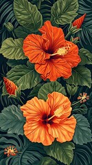 orange hibiscus flowers illustration poster background