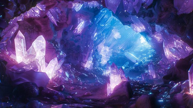 A glowing, crystal cave with purple and blue light.