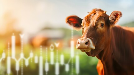 Close-Up of a Brown Cow with Digital Financial Graph Overlay in a Sunny Pasture