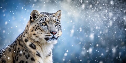 Fototapeta premium Snow leopard gazing in snowfall , Snow leopard, gazing, serene, beauty, falling snow, mesmerizing, wild cat, majestic, predator