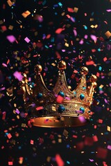 A 3D crown with confetti falling around it, celebrating a champion's victory.