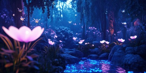 Enchanting fairytale garden with glowing flowers and magical creatures in a serene, mystical forest landscape. Perfect for fantasy and nature lovers seeking inspiration in a dreamlike setting.