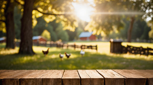 Wooden product display for organic products, rural farm, countryside and cottage house in the background. Free range chickens