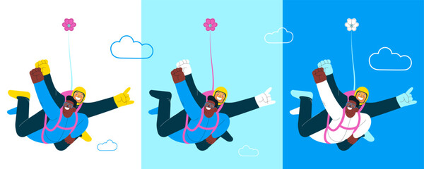 Cheerful flying males perform tandem skydiving jump, male perform superman pose. Extreme sport activities. Modern flat vector illustration.