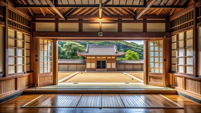 Opened window giving a view inside a traditional Japanese sumo training hall, sumo, wrestling, Japan, dojo