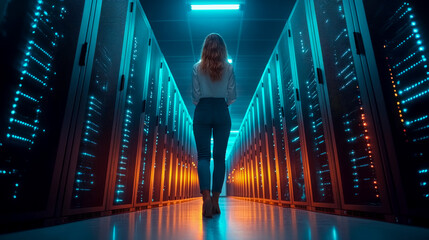 Network engineer walking in data center corridor with server racks