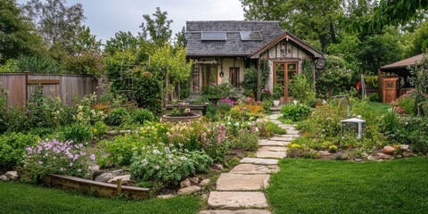 Fototapeta premium Charming flower-filled cottage garden with vibrant plants creating a serene and picturesque landscape. Perfect for nature lovers seeking tranquility and inspiration in a beautifully maintained outdoor