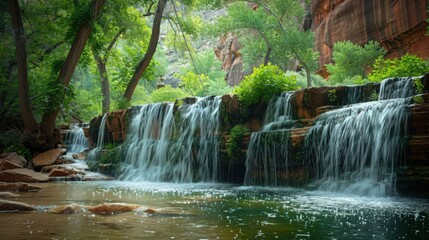 A peaceful scene of Zion National Park's Weeping Rock, with water cascading down the rock face and lush greenery providing a serene and refreshing setting.