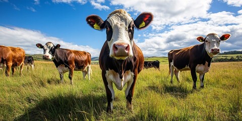 Cattle graze in a beautiful sunny pasture under clear blue skies with soft clouds. Flock of cows