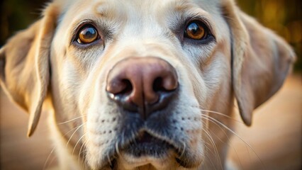 Close-up macro photo of a Labrador dog's nose with a blurred background, Labrador, dog, nose, close-up, macro, pet, furry, alert