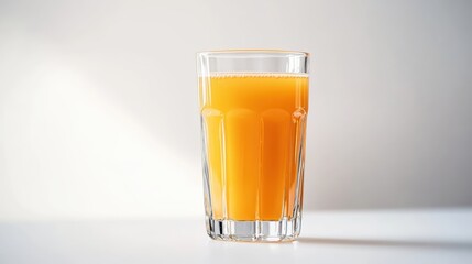 A tall glass of refreshing, pulpy orange juice, bathed in soft light, stands on a white surface, promising a burst of fruity flavor. 