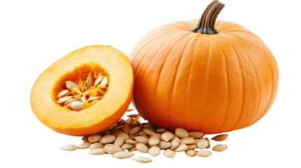 A whole orange pumpkin and a half with visible seeds, isolated on a black background, evoke feelings of warmth and autumnal abundance. 