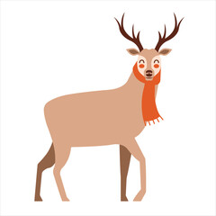 Vector illustration of reindeer. Christmas deer in scarf. Cute clip art for card, banner, badge. Merry Christmas, Happy New Year. Flat design.