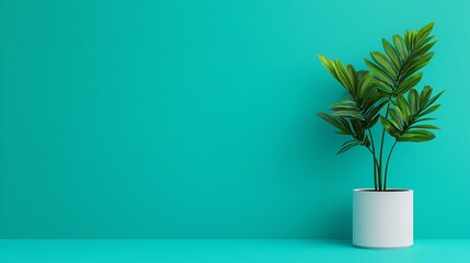 Obraz premium A vibrant green potted plant against a bright teal wall, perfect for adding freshness to any modern interior decor.