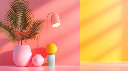 A vibrant interior scene featuring a pink wall, decorative plants, and colorful accessories, perfect for modern design inspiration.