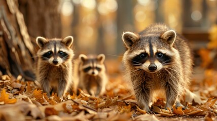 Fototapeta premium Three curious raccoons explore a forest floor covered in autumn leaves, showcasing their distinctive masks and playful nature.
