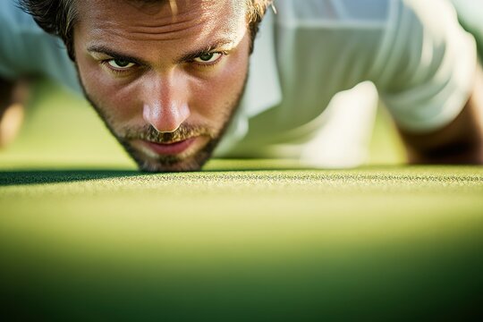 Focused golfer intently analyzing the green landscape during a sunny day on the golf course, showcasing concentration and determination