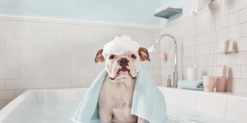Adorable french bulldog in a white cast iron bathtub, water and lots of bubbles. Dog sitting at a professional grooming salon or veterinary clinic. Pet grooming concept. Banner with copy space