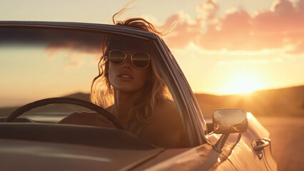 Naklejka premium Woman enjoying a convertible ride at sunset with flowing hair and vibrant sky