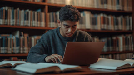 A diligent male student sits at a study table in a high school library, using a laptop and surrounded by open books and papers