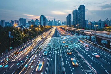Fototapeta premium Futuristic City Traffic with Light Trails and Connected Technology