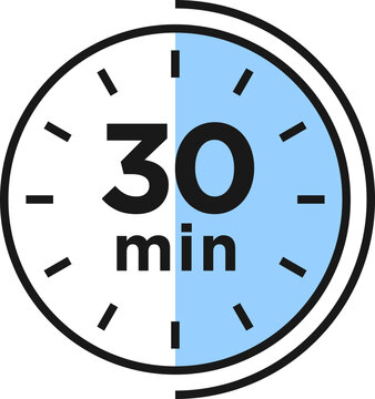 30 minutes timer, clock, stopwatch isolated icons. Countdown timer