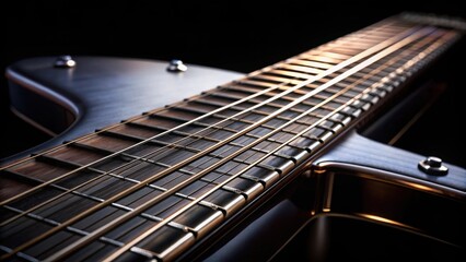 Fototapeta premium Close-up detail of metallic string on electric guitar against black background, metallic thread, electric guitar, black background