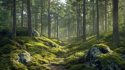 Fototapeta premium Serene forest path surrounded by lush greenery and moss-covered rocks, illuminated by soft sunlight filtering through trees.