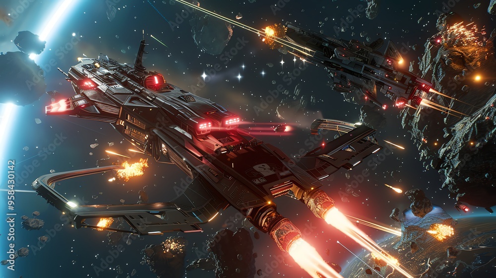Wall mural spaceships battle in a space field with an asteroid belt.