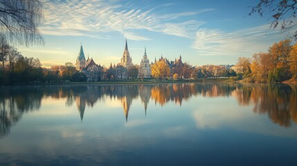 reflective pond or lake, with its majestic spires and domes mirrored perfectly in the calm water.