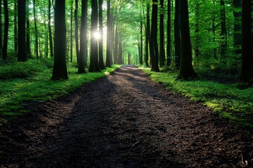 Obraz premium A sunlit path meanders through a verdant forest, with light filtering through the green canopy, creating a serene and inviting landscape for peaceful walks.