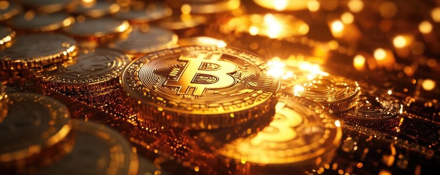 Stunning close-up of shiny gold Bitcoin coins, symbolizing digital currency and investment opportunities in today's economy.