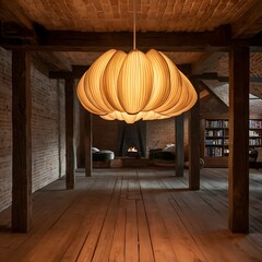 Brick room with wood floor and lamp on ceiling