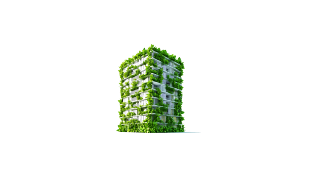 tall building covered with greenery on transparent background