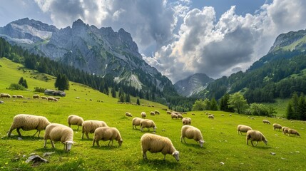 Fototapeta premium Photo of a flock of sheep on a green meadow in the mountains.