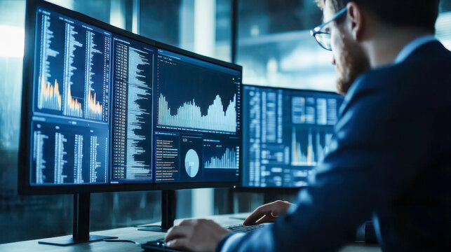 An analyst works with a business analytics and data management system on a computer to create reports with KPIs and metrics connected to a database This involves corporate strategy for