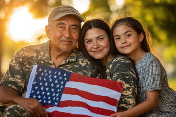 Happy military family holding an american flag while posing together for veteran's day